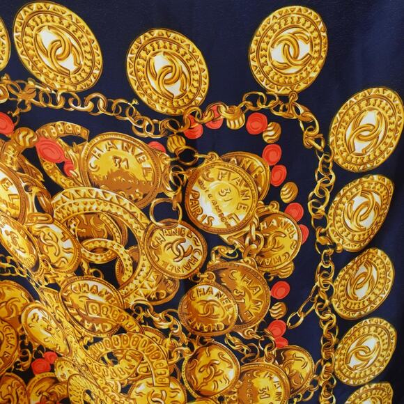 Chanel Paris Silk Scarf Womens One Size Square Navy Gold Red Coin Chain Print - Picture 2 of 8